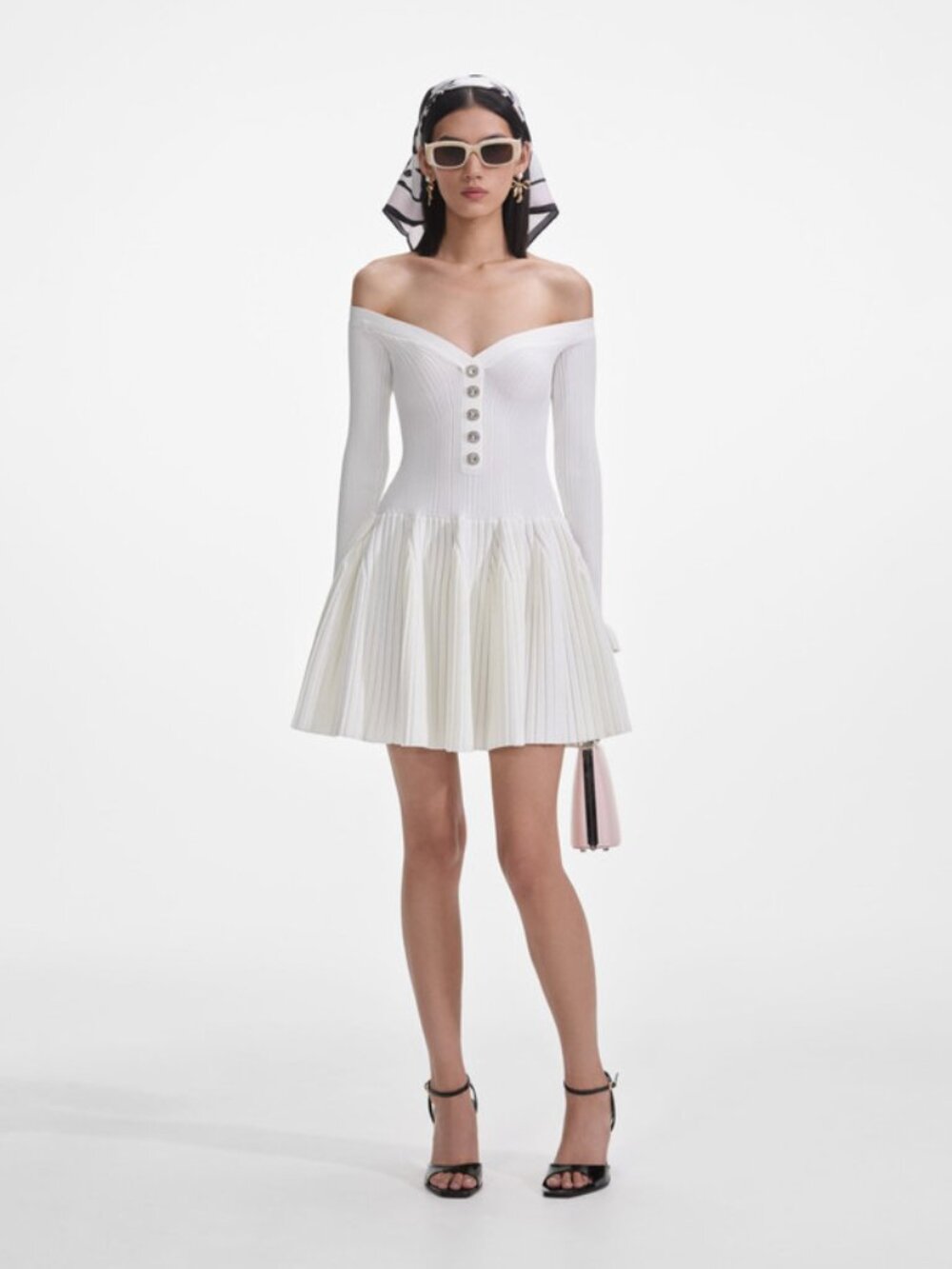 Self-portrait Off-The-Shoulder Pleated Ribbed-Knit Mini Dress